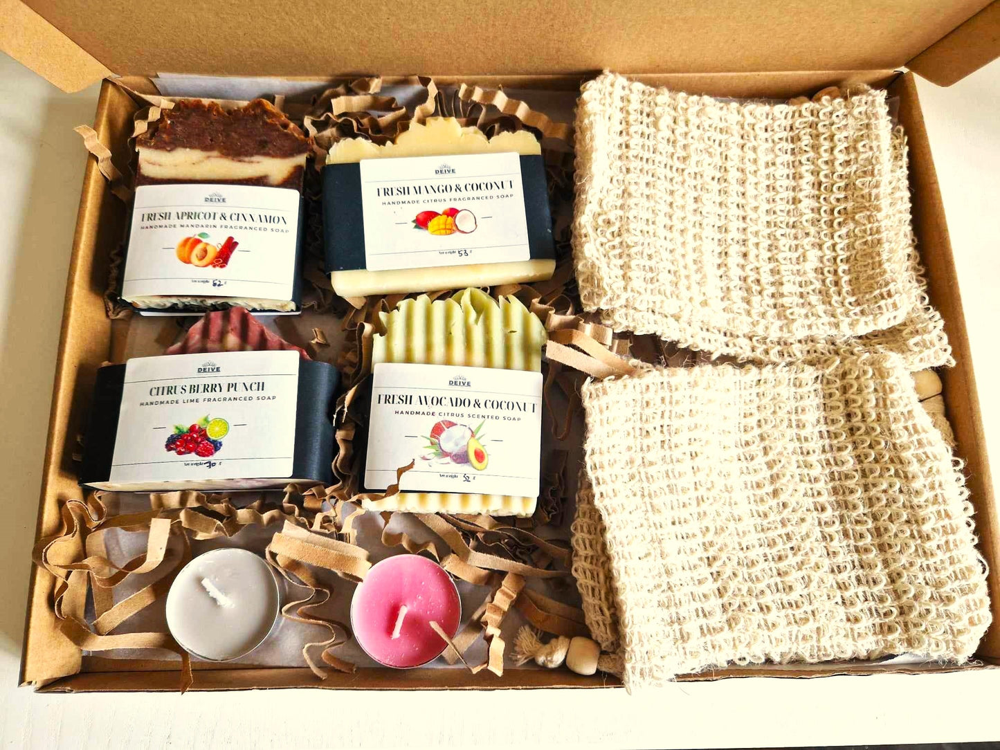 Handmade Natural Artisan 4 small Fruit Soaps gift set with Soap saver Bag eco friendly gift for Christmas Birthday