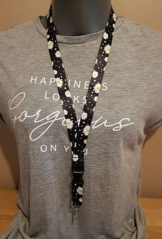 1 x SpiriuS DAISIES IN BLACK breakaway Lanyard neck strap for id badge holder