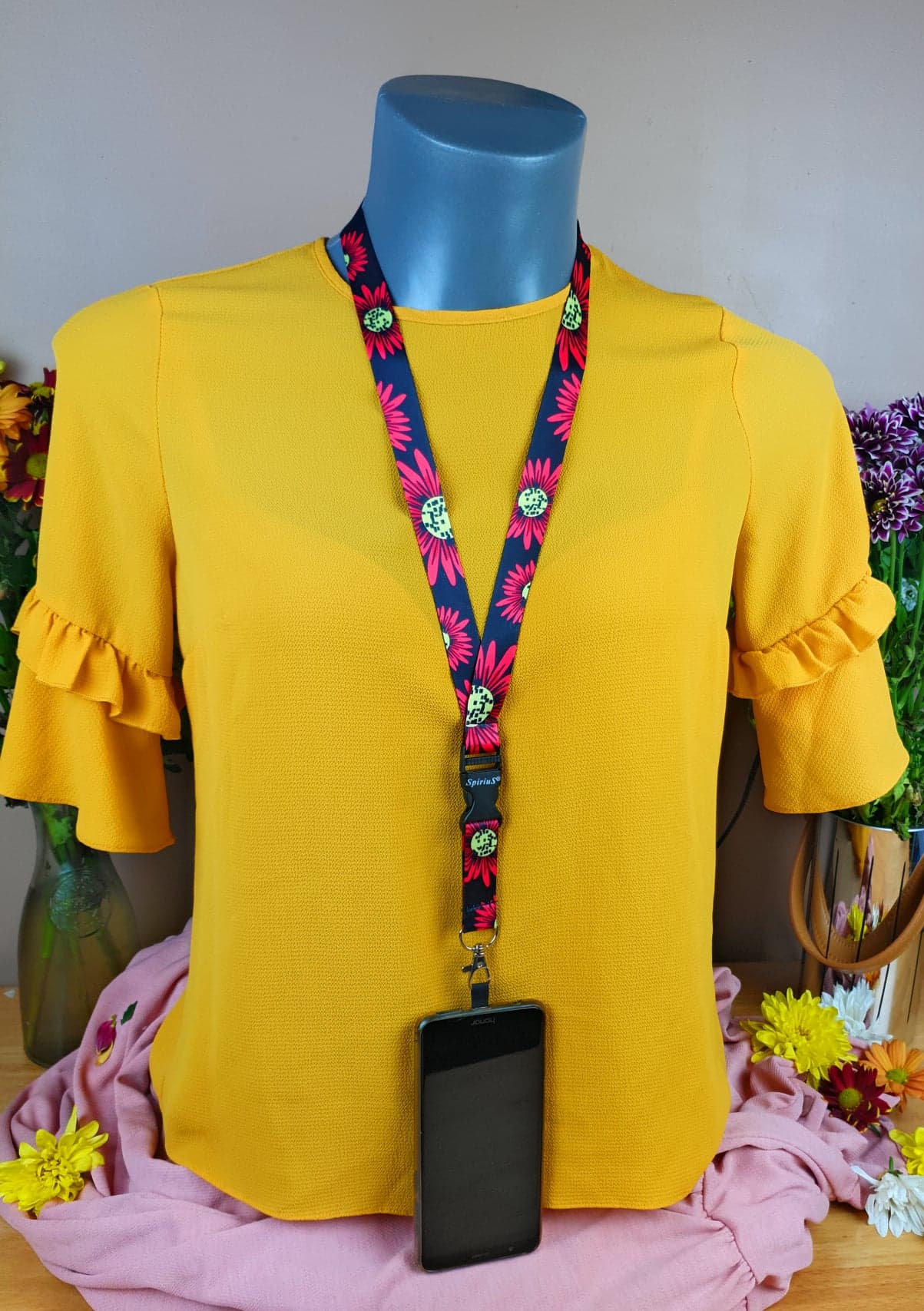 SpiriuS Phone Neck Lanyard Strap with sticky Universal Patch For any mobile phone, card holder big red flowers