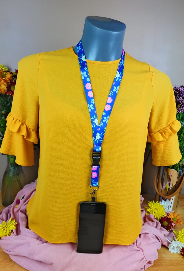 SpiriuS Phone Neck Lanyard Strap with sticky Universal Patch For any mobile phone, card holder dark blue flowers