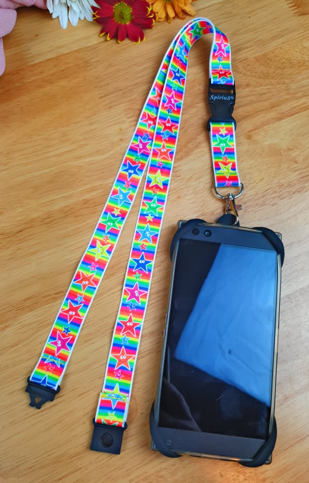 SpiriuS Phone Neck Lanyard Strap with sticky Universal Patch For any mobile phone, card holder funky rainbow stars
