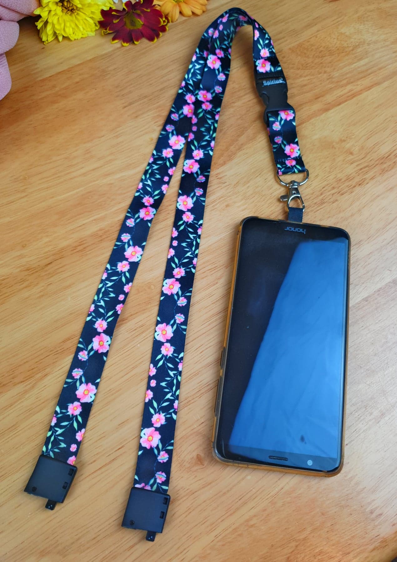 SpiriuS Phone Neck Lanyard Strap with sticky Universal Patch For any mobile phone, card holder Flowers in Black