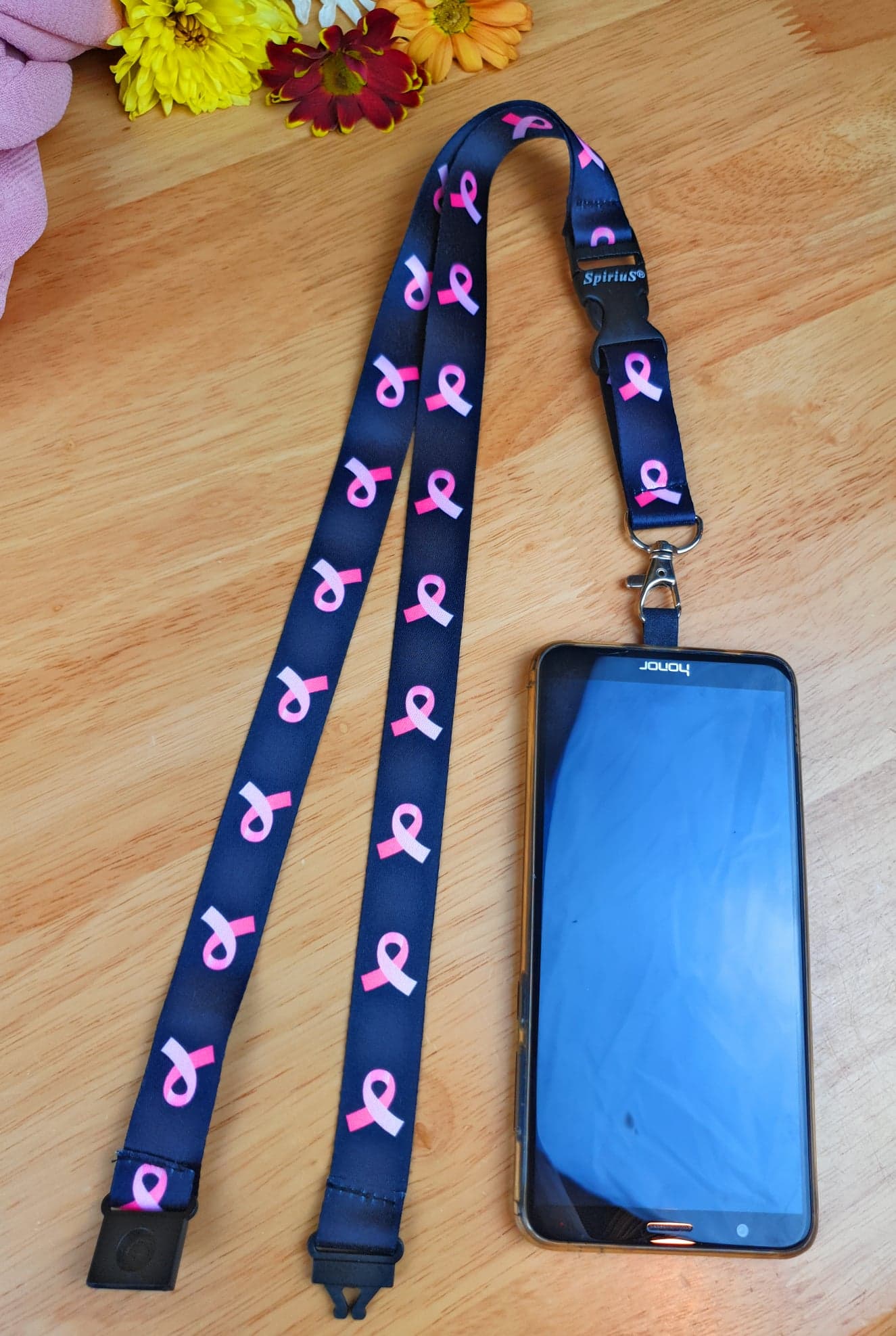 SpiriuS Phone Neck Lanyard Strap with sticky Universal Patch For any mobile phone, card holder Cancer Logo in Black