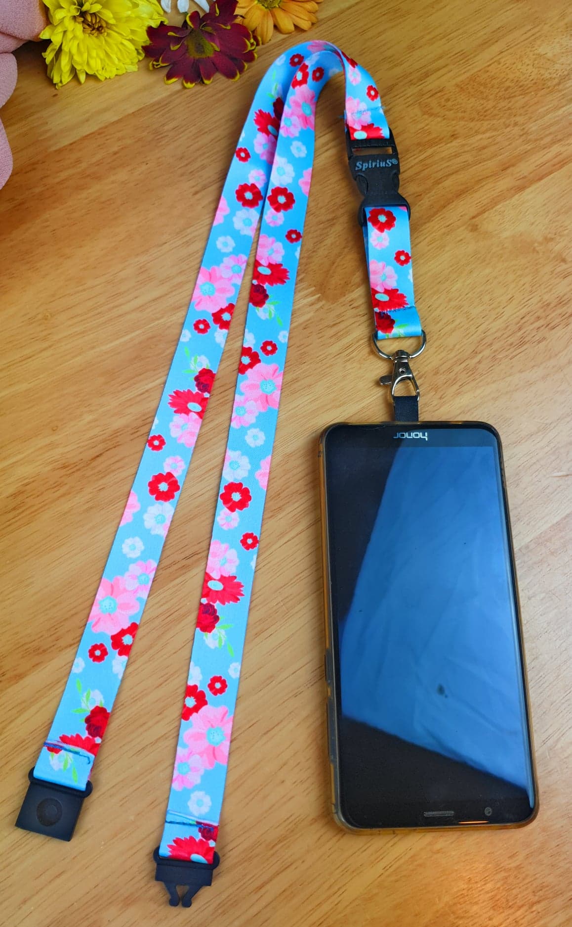 SpiriuS Phone Neck Lanyard Strap with sticky Universal Patch For any mobile phone, card holder Flowers in Blue