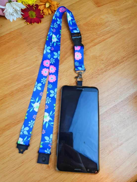 SpiriuS Phone Neck Lanyard Strap with sticky Universal Patch For any mobile phone, card holder dark blue flowers