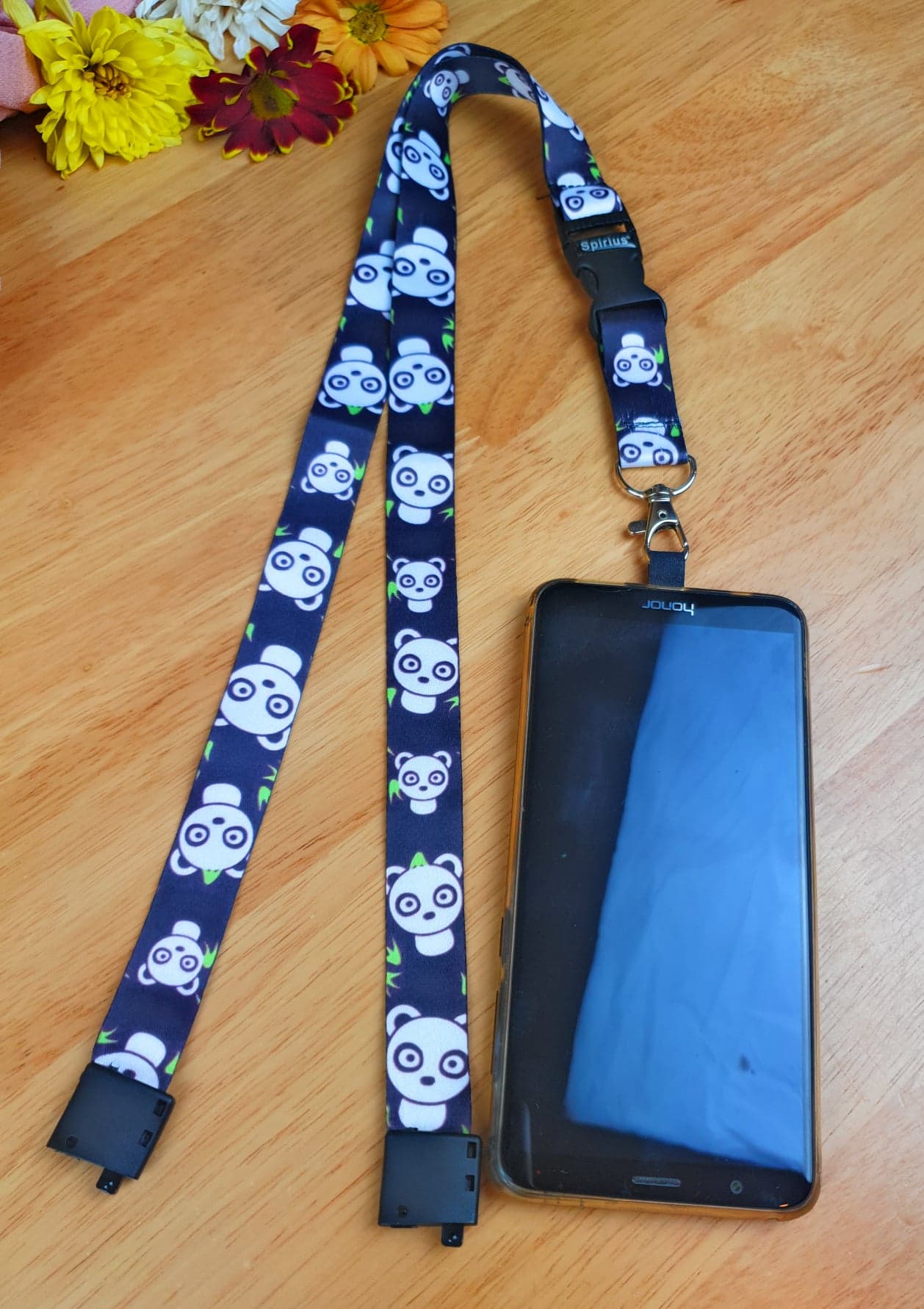 SpiriuS Phone Neck Lanyard Strap with sticky Universal Patch For any mobile phone, card holder Panda in Black
