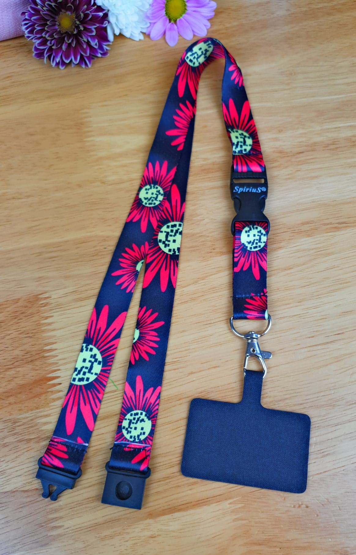 SpiriuS Phone Neck Lanyard Strap with sticky Universal Patch For any mobile phone, card holder big red flowers