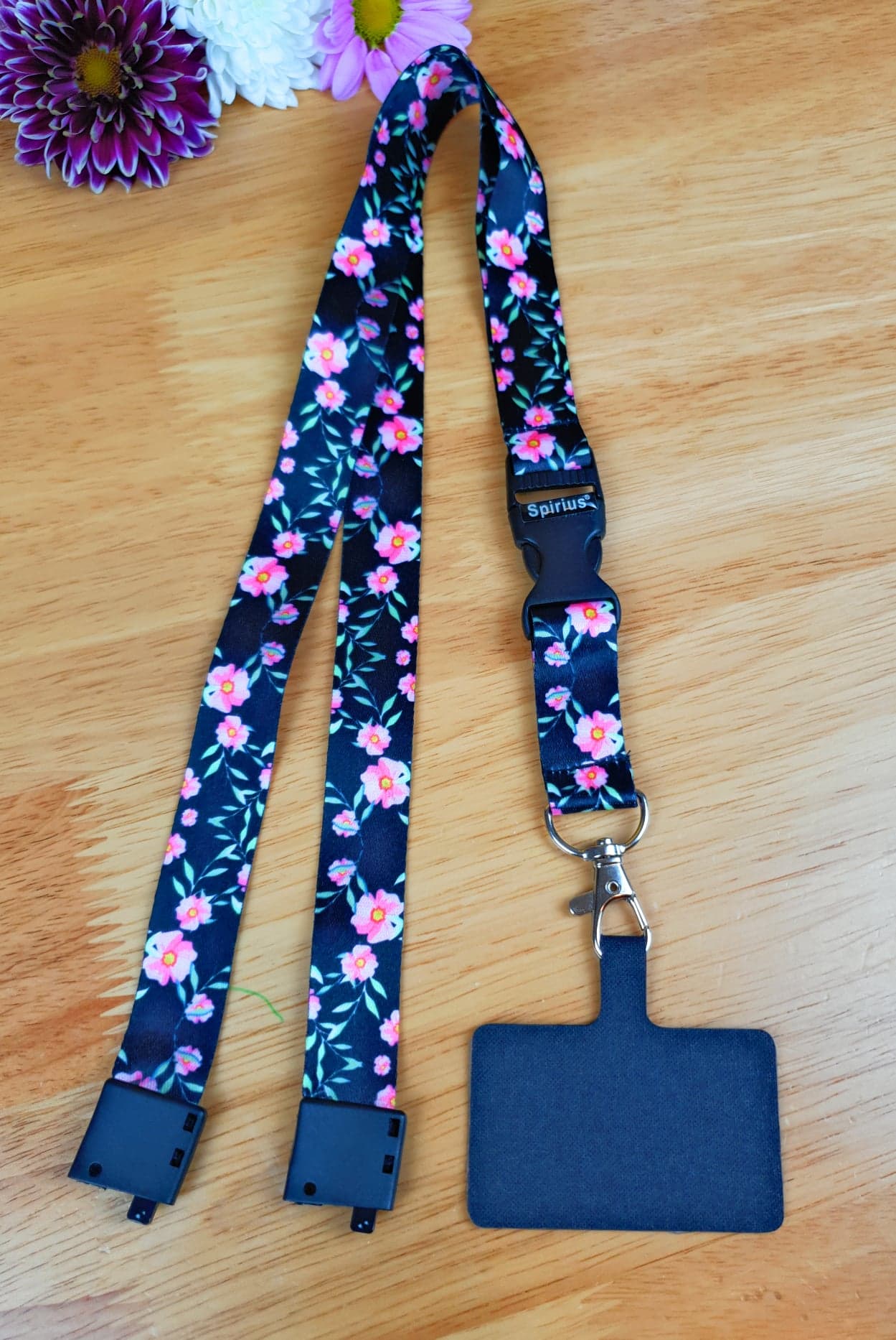 SpiriuS Phone Neck Lanyard Strap with sticky Universal Patch For any mobile phone, card holder Flowers in Black