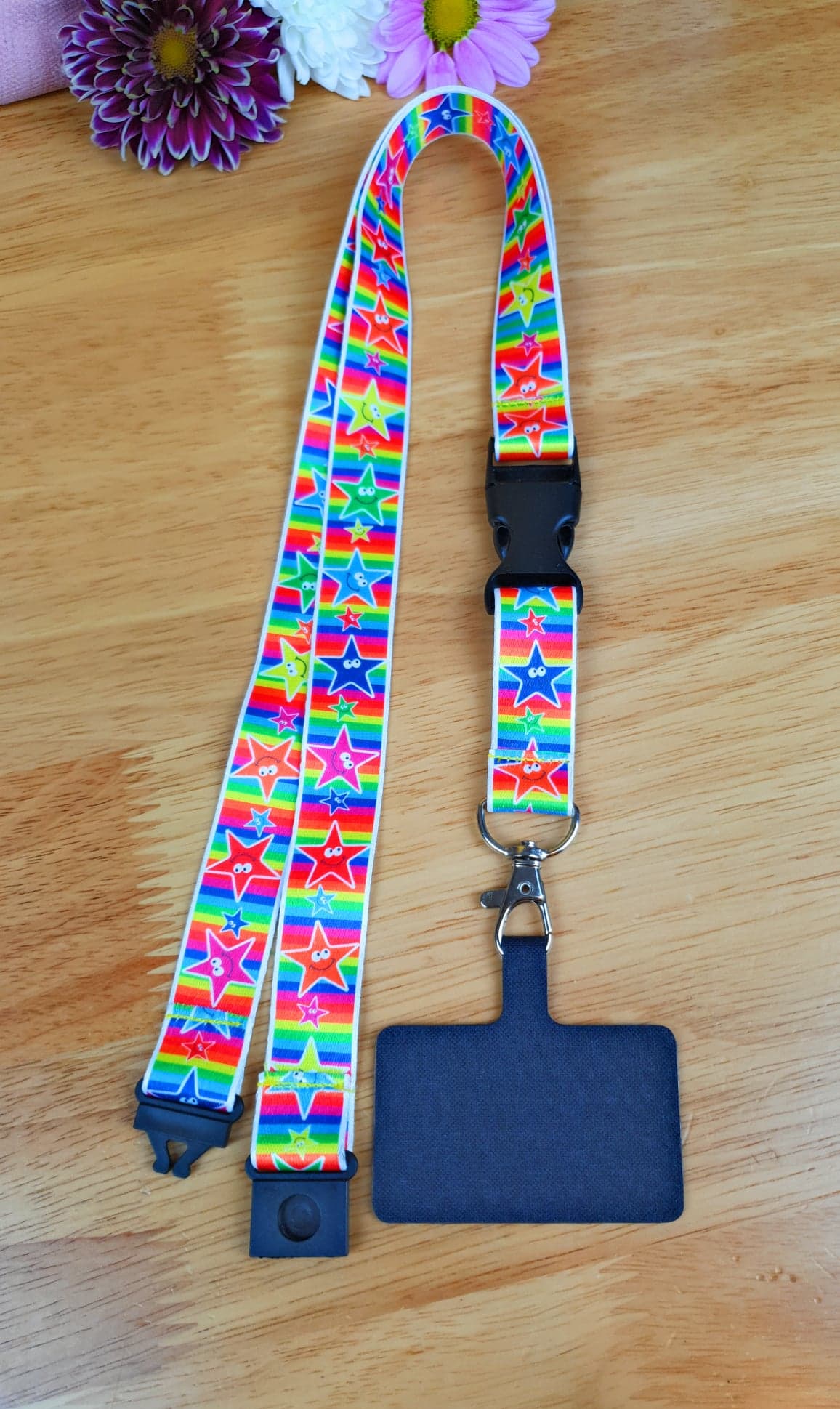 SpiriuS Phone Neck Lanyard Strap with sticky Universal Patch For any mobile phone, card holder funky rainbow stars
