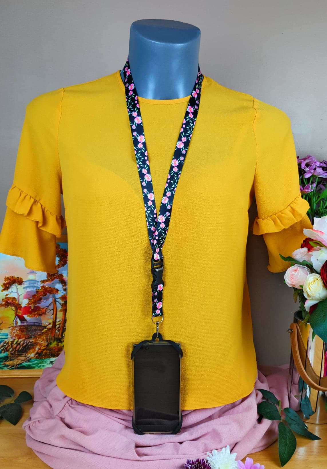 SpiriuS Phone Neck Lanyard Strap with sticky Universal Patch For any mobile phone, card holder Flowers in Black