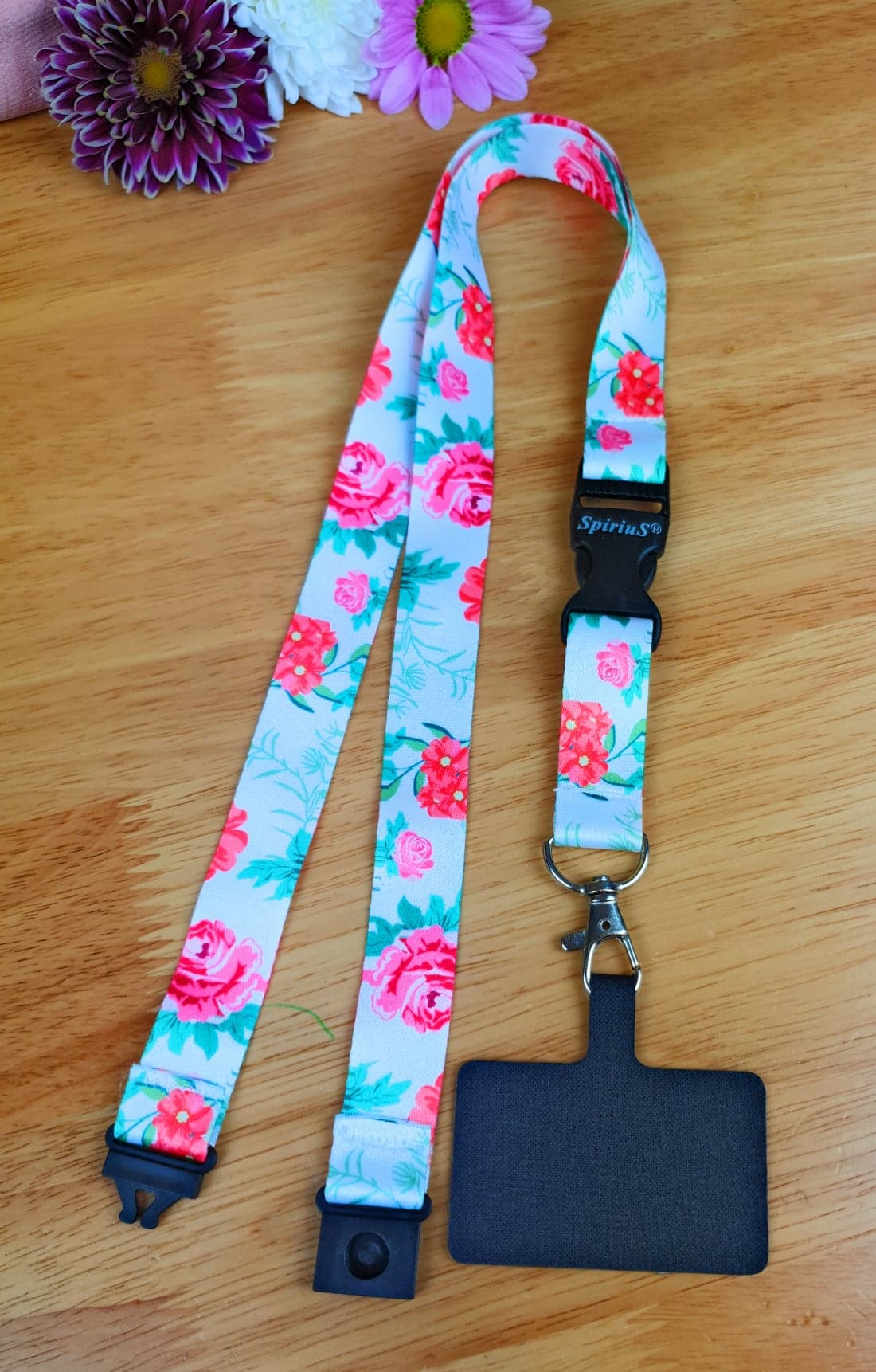 SpiriuS Phone Neck Lanyard Strap with sticky Universal Patch For any mobile phone, card holder Flowers in White