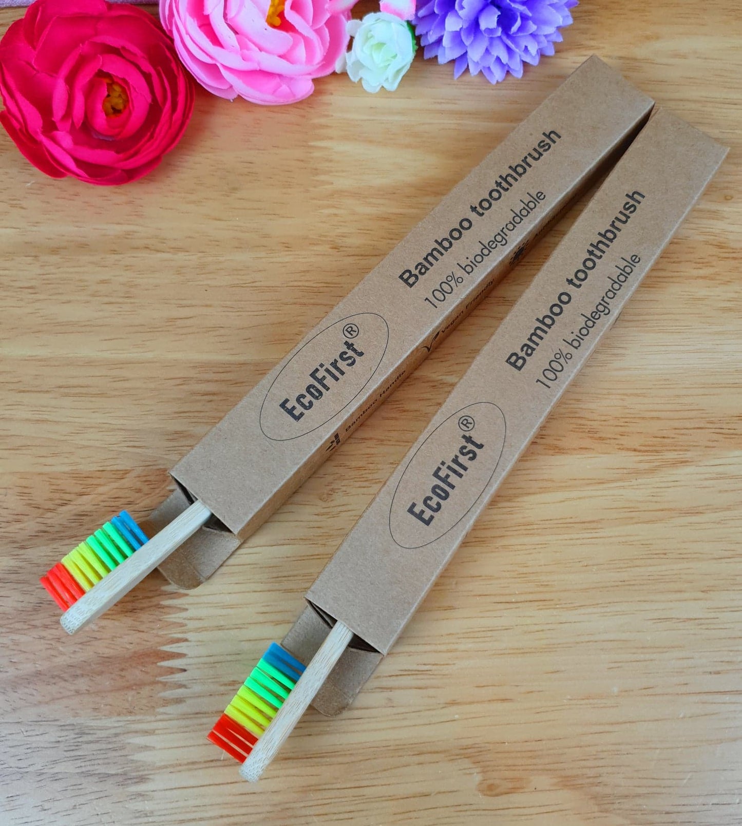 2 x EcoFirst Eco Friendly Natural Bamboo Toothbrushes Adults Rainbow Medium bristle