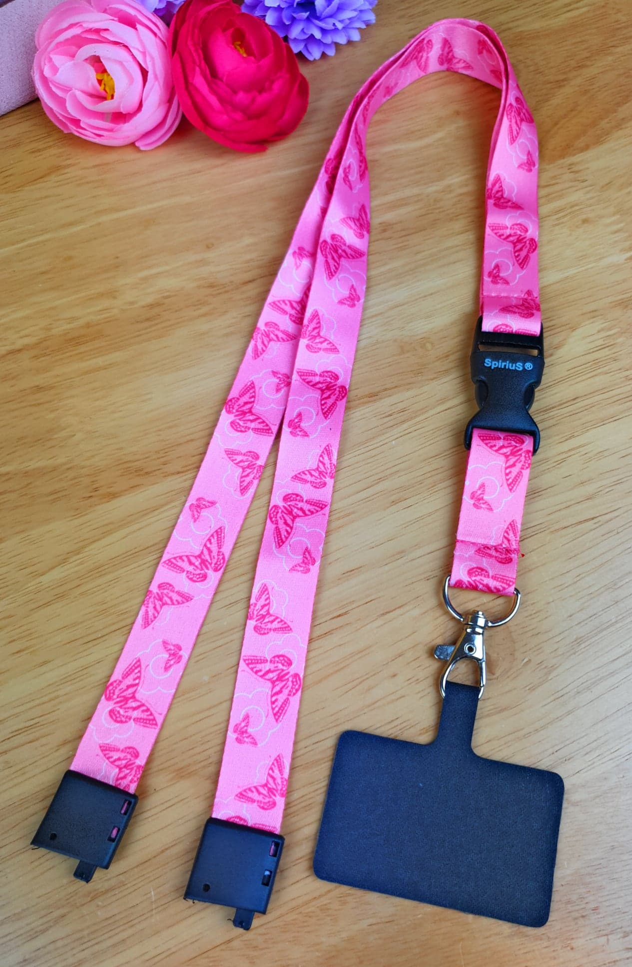 SpiriuS Phone Neck Lanyard Strap with sticky Universal Patch For any mobile phone, card holder Pink Butterfly