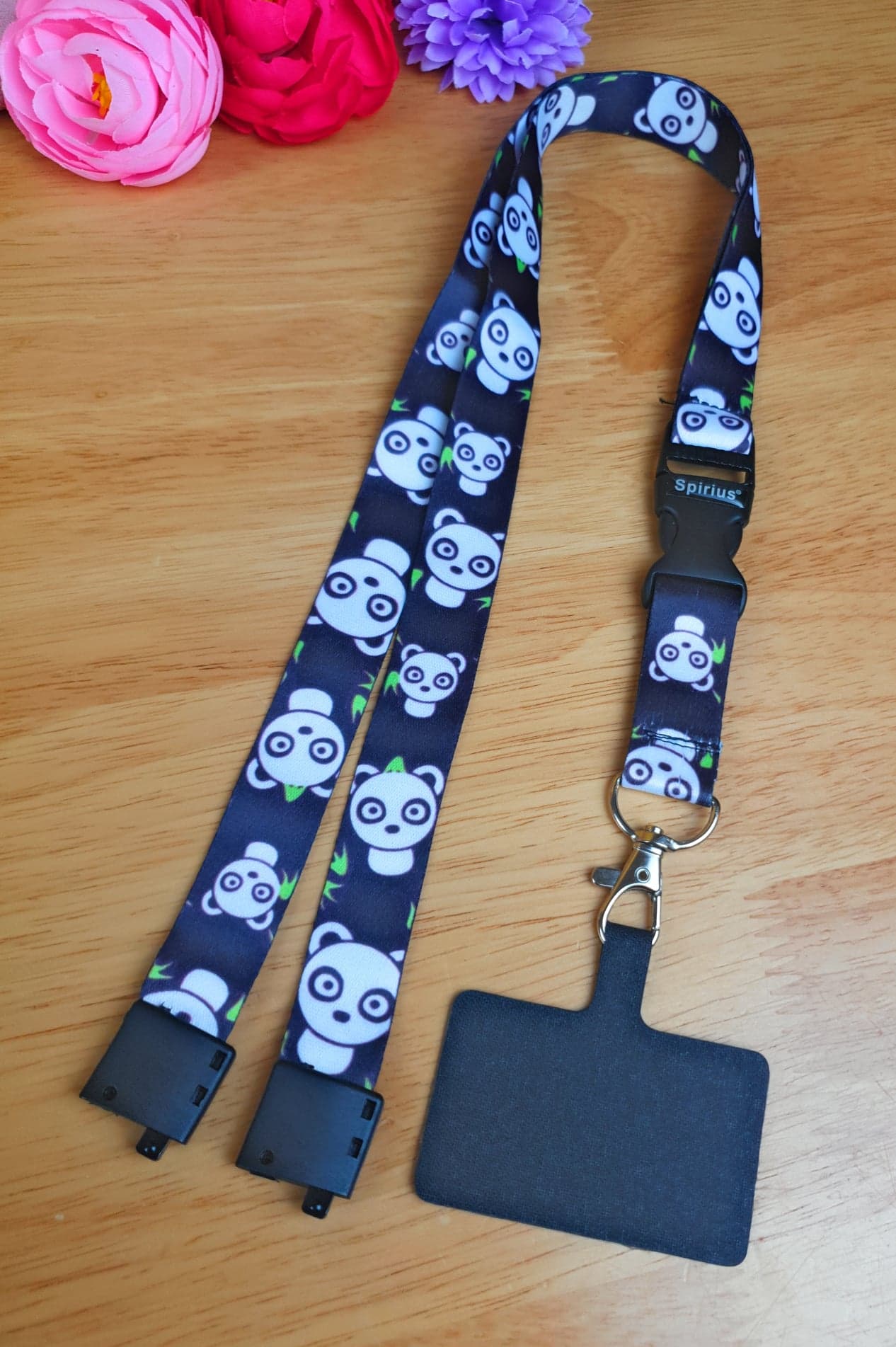 SpiriuS Phone Neck Lanyard Strap with sticky Universal Patch For any mobile phone, card holder Panda in Black