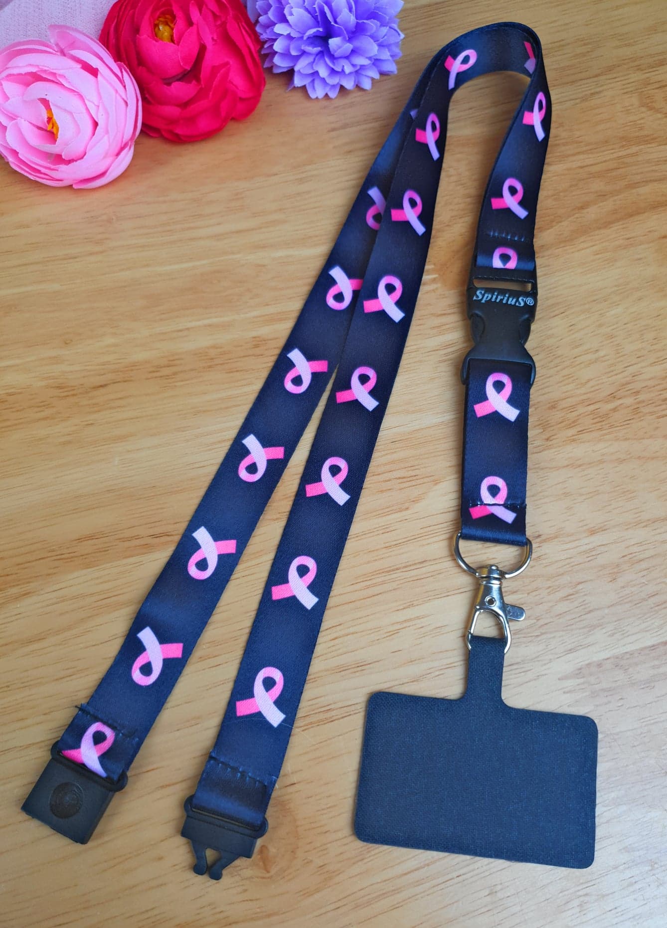 SpiriuS Phone Neck Lanyard Strap with sticky Universal Patch For any mobile phone, card holder Cancer Logo in Black
