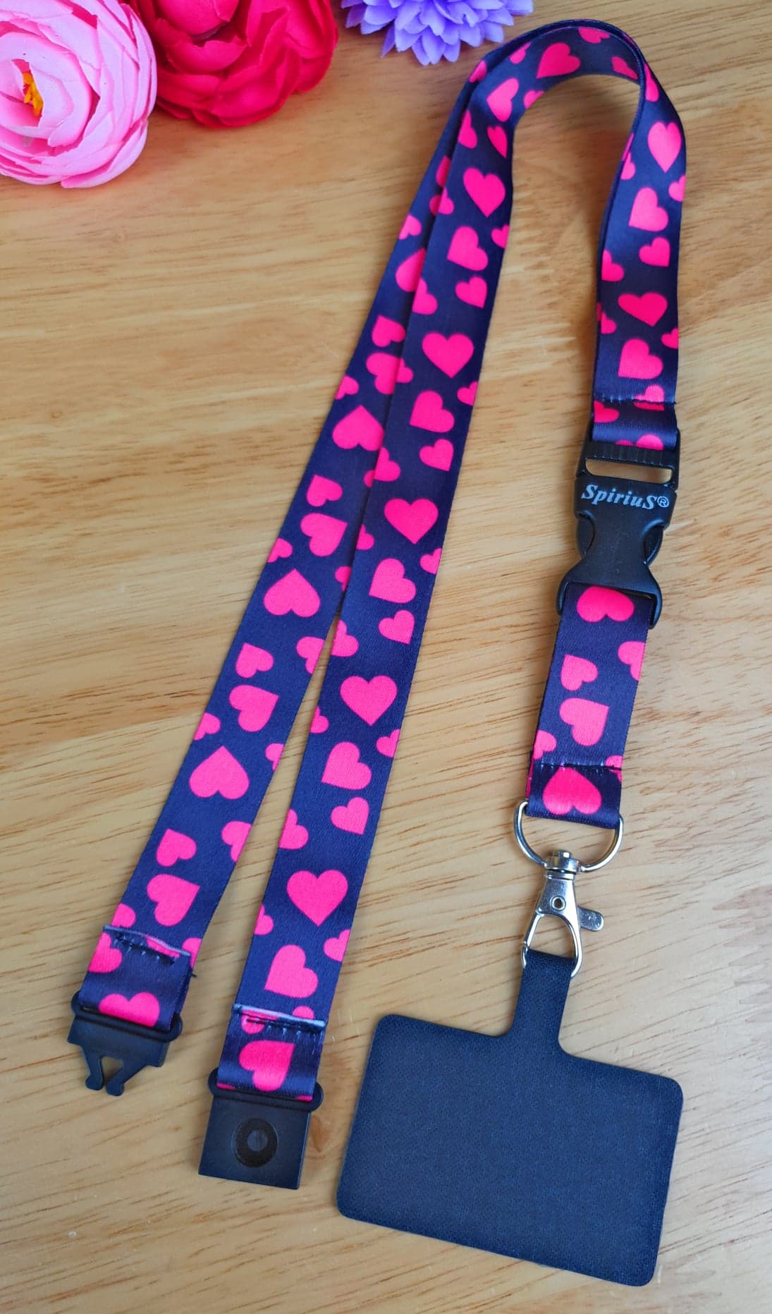 SpiriuS Phone Neck Lanyard Strap with sticky Universal Patch For any mobile phone, card holder pink hearts