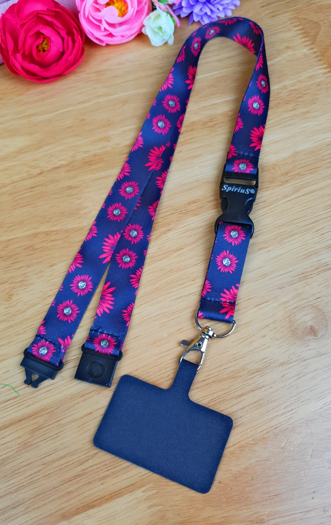 SpiriuS Phone Neck Lanyard Strap with sticky Universal Patch For any mobile phone, card holder small red flowers