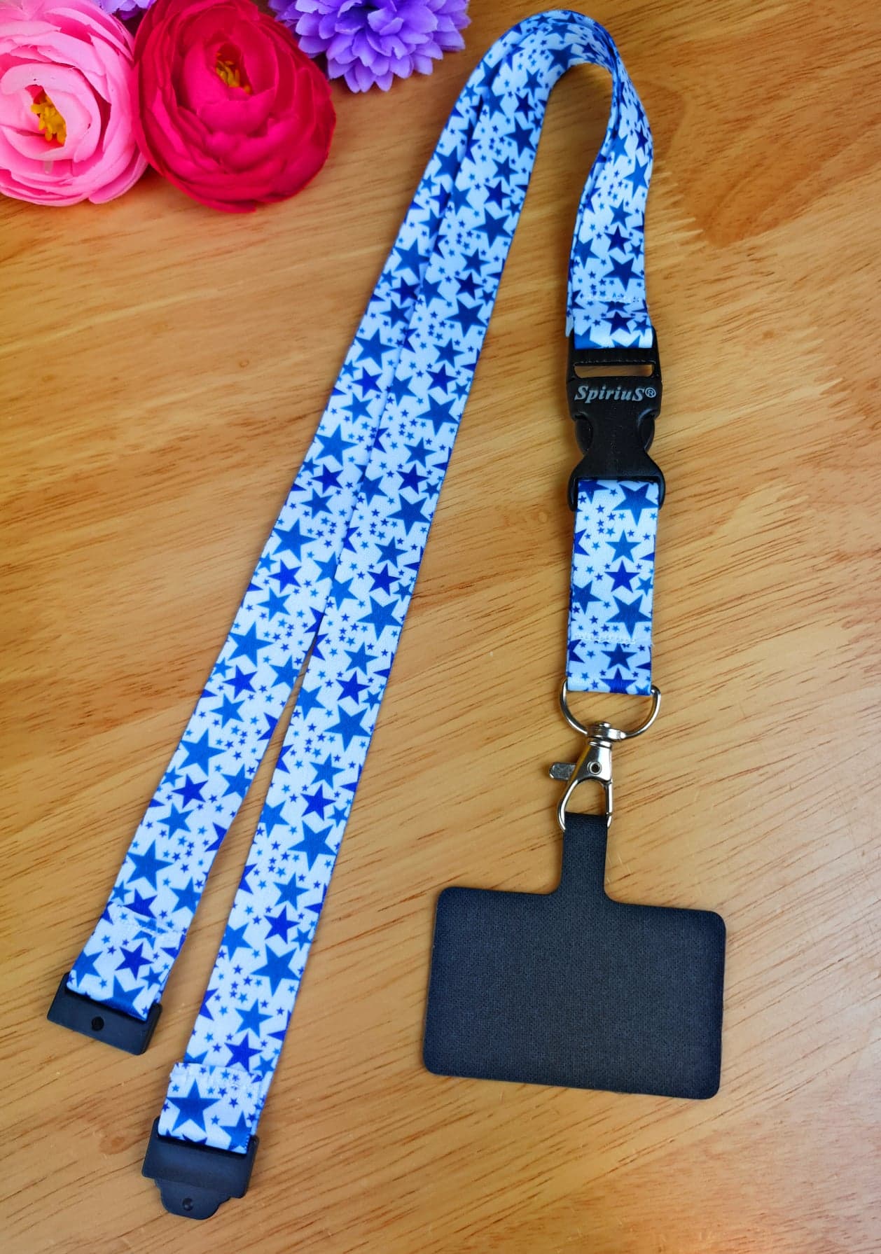SpiriuS Phone Neck Lanyard Strap with sticky Universal Patch For any mobile phone, card holder Blue stars