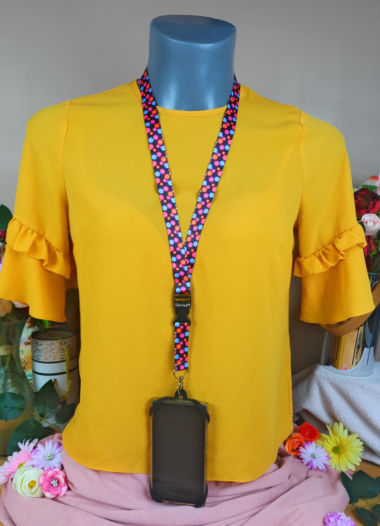 SpiriuS Phone Neck Lanyard Strap with sticky Universal Patch For any mobile phone, card holder Multi Flowers