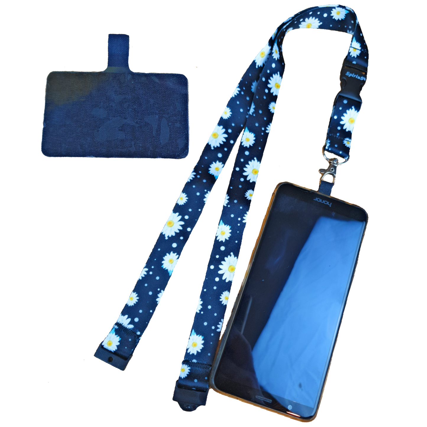 SpiriuS Phone Neck Lanyard Strap with sticky Universal Patch For any mobile phone, card holder daisies in Black