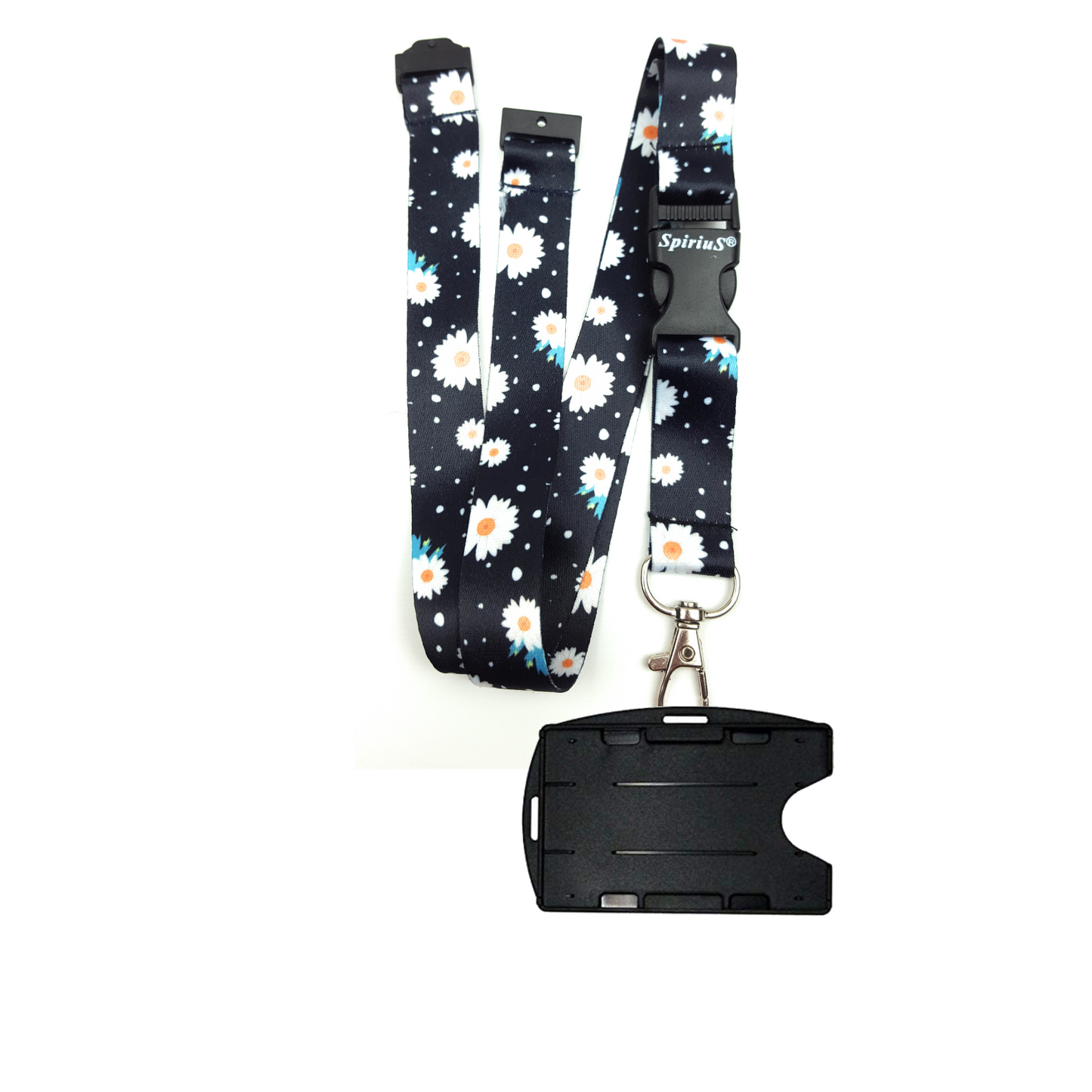 1 x SpiriuS Daisies in Black breakaway Lanyard neck strap + Double side badge holder