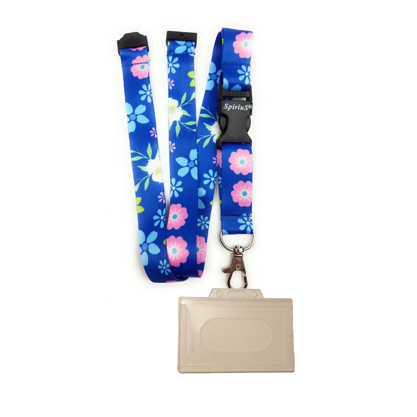 1 x SpiriuS Dark Blue Floral breakaway Lanyard neck strap + Clear plasic badge