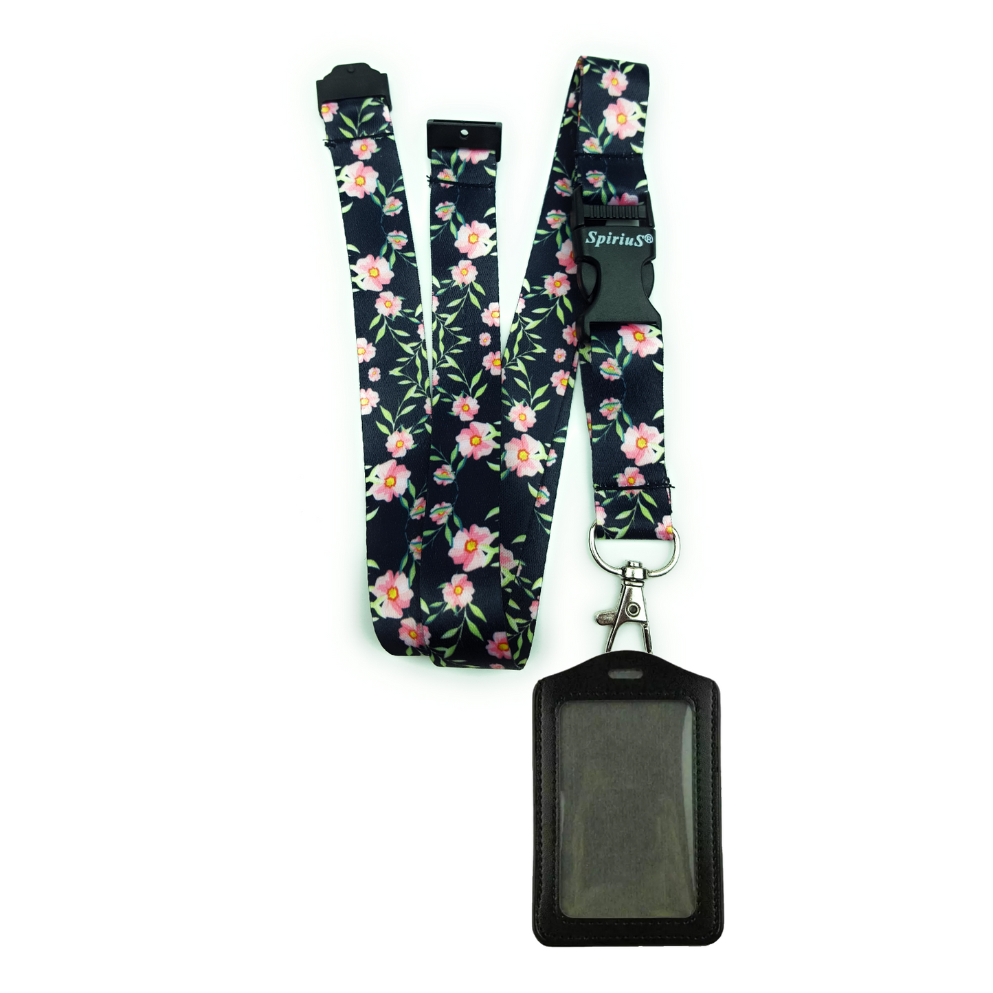 1 x SpiriuS Flowers in Black breakaway Lanyard neck strap + faux leather badges holder