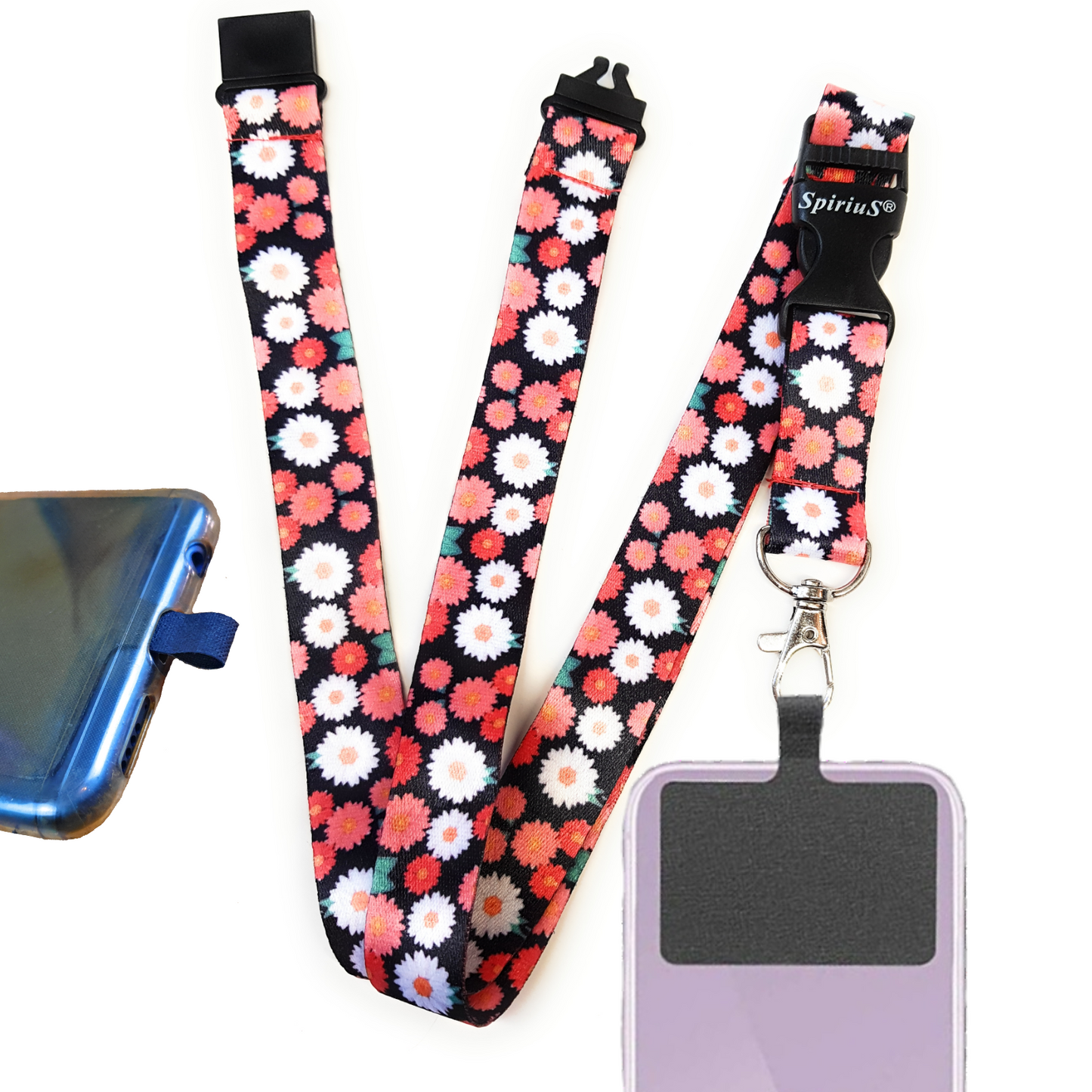 SpiriuS Phone Neck break away Lanyard Strap with sticky Universal Patch For any mobile phone, card holder Multi Daisies