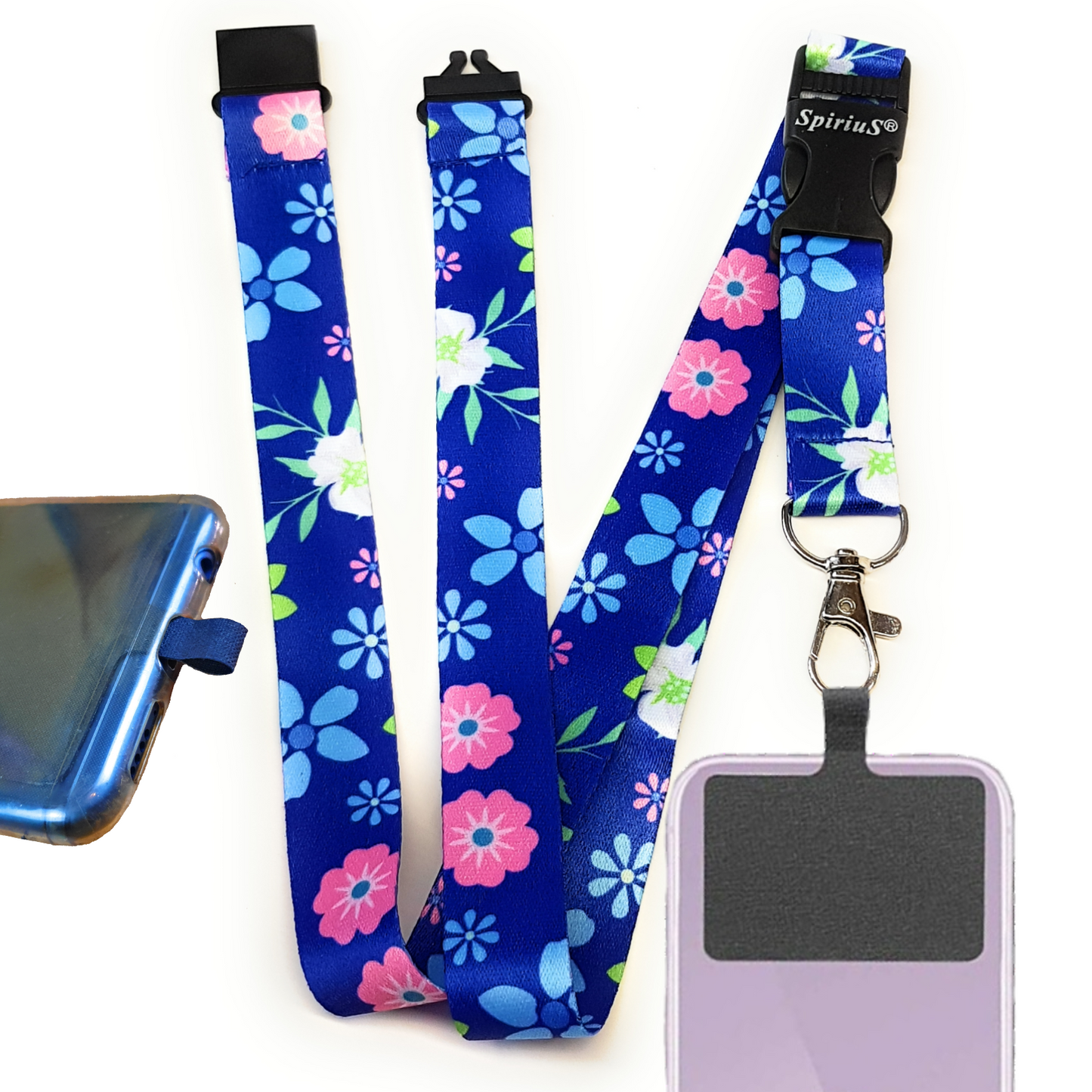 SpiriuS Phone Neck Lanyard Strap with sticky Universal Patch For any mobile phone, card holder dark blue flowers