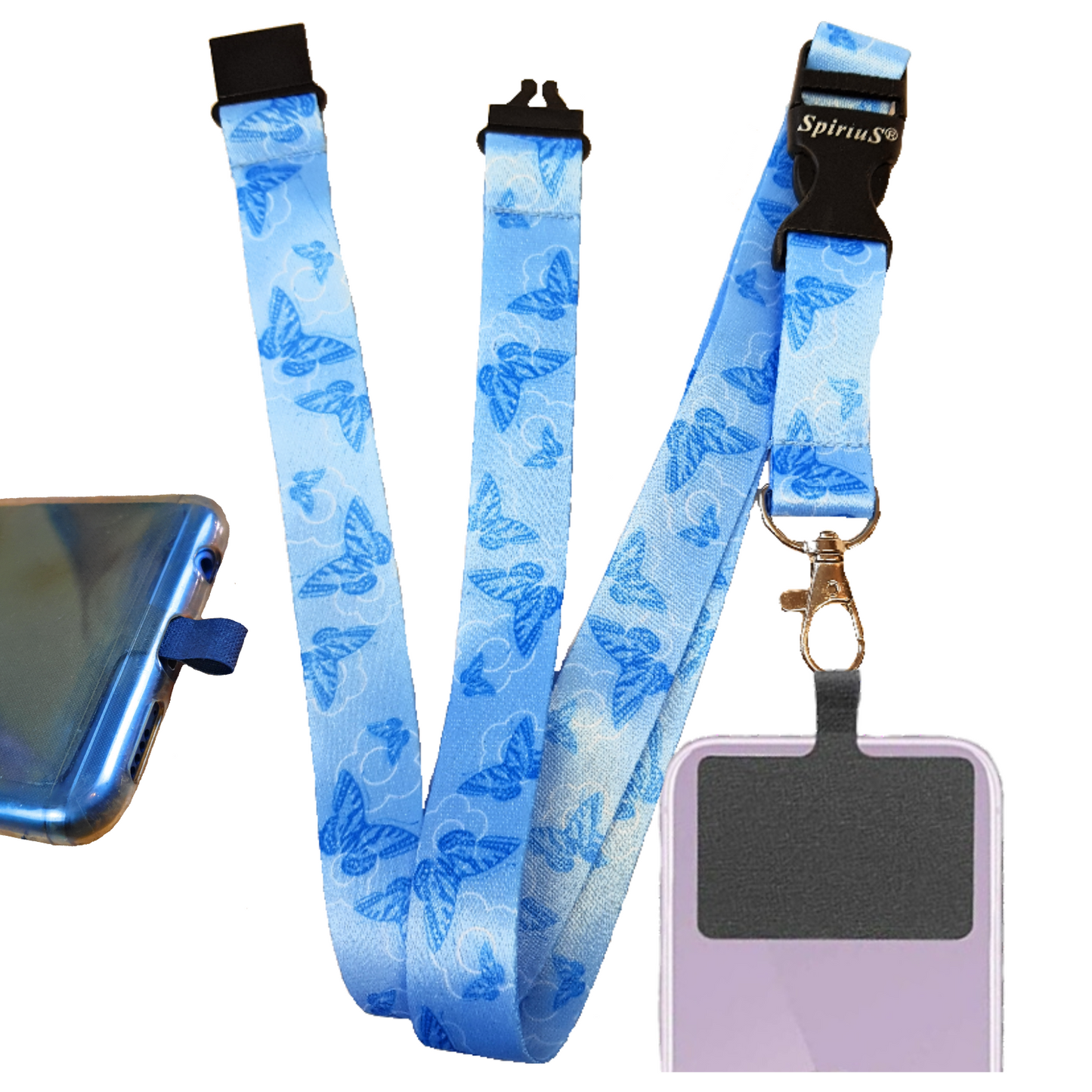 SpiriuS Phone Neck Lanyard Strap with sticky Universal Patch For any mobile phone, card holder Blue Butterfly