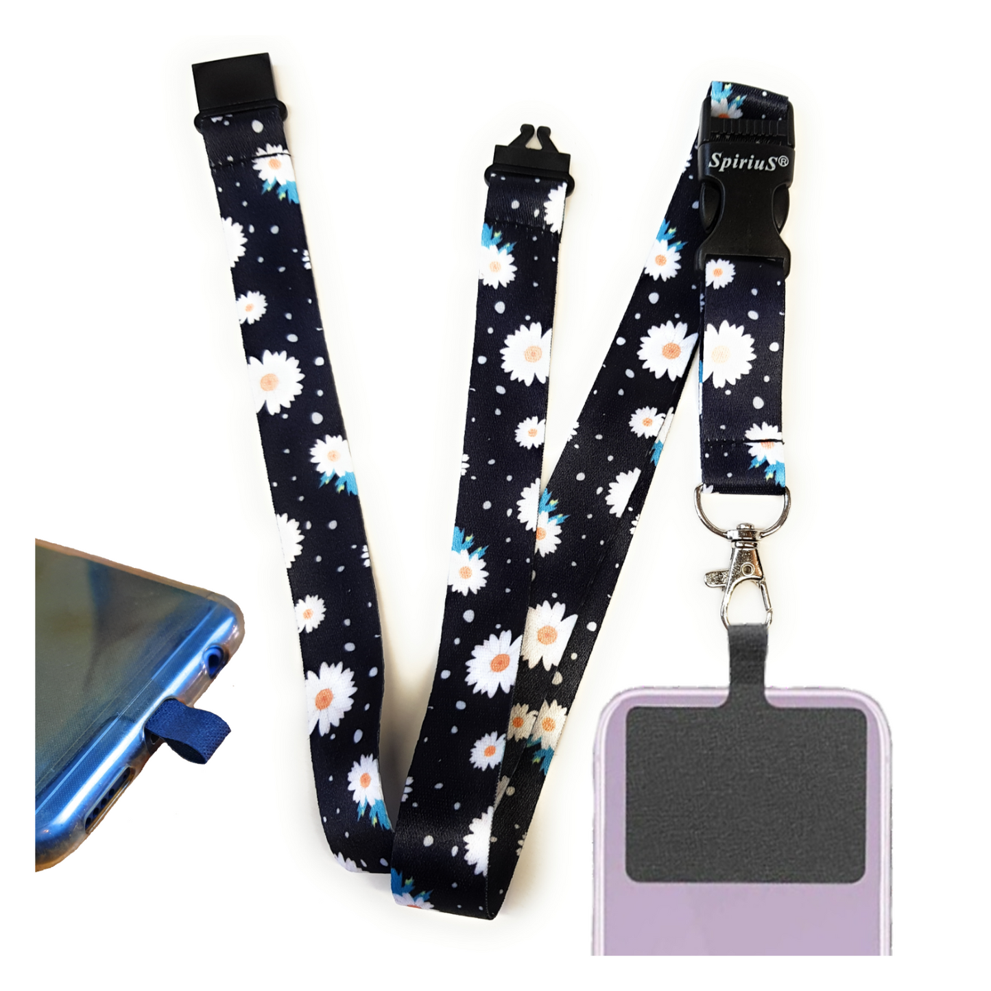 SpiriuS Phone Neck Lanyard Strap with sticky Universal Patch For any mobile phone, card holder daisies in Black