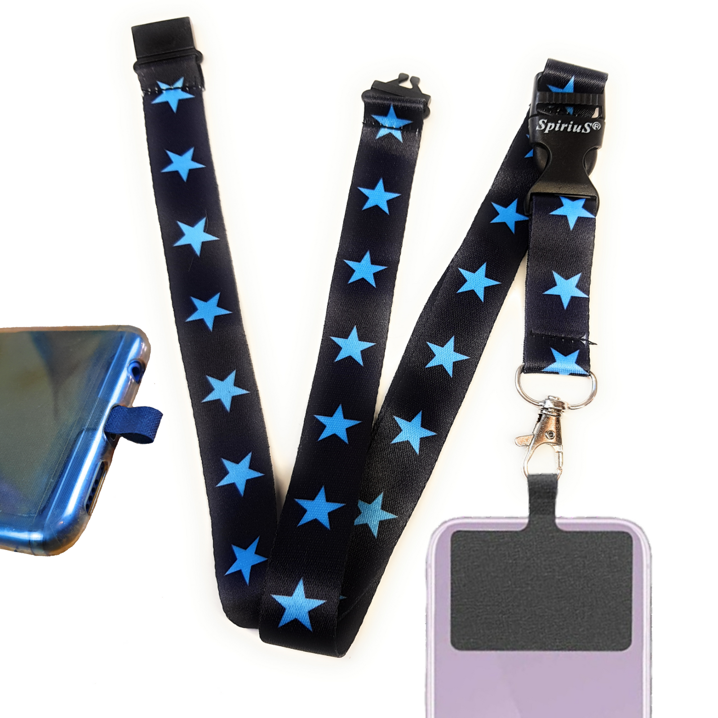 SpiriuS Phone Neck Lanyard Strap with sticky Universal Patch For any mobile phone, card holder Blue stars