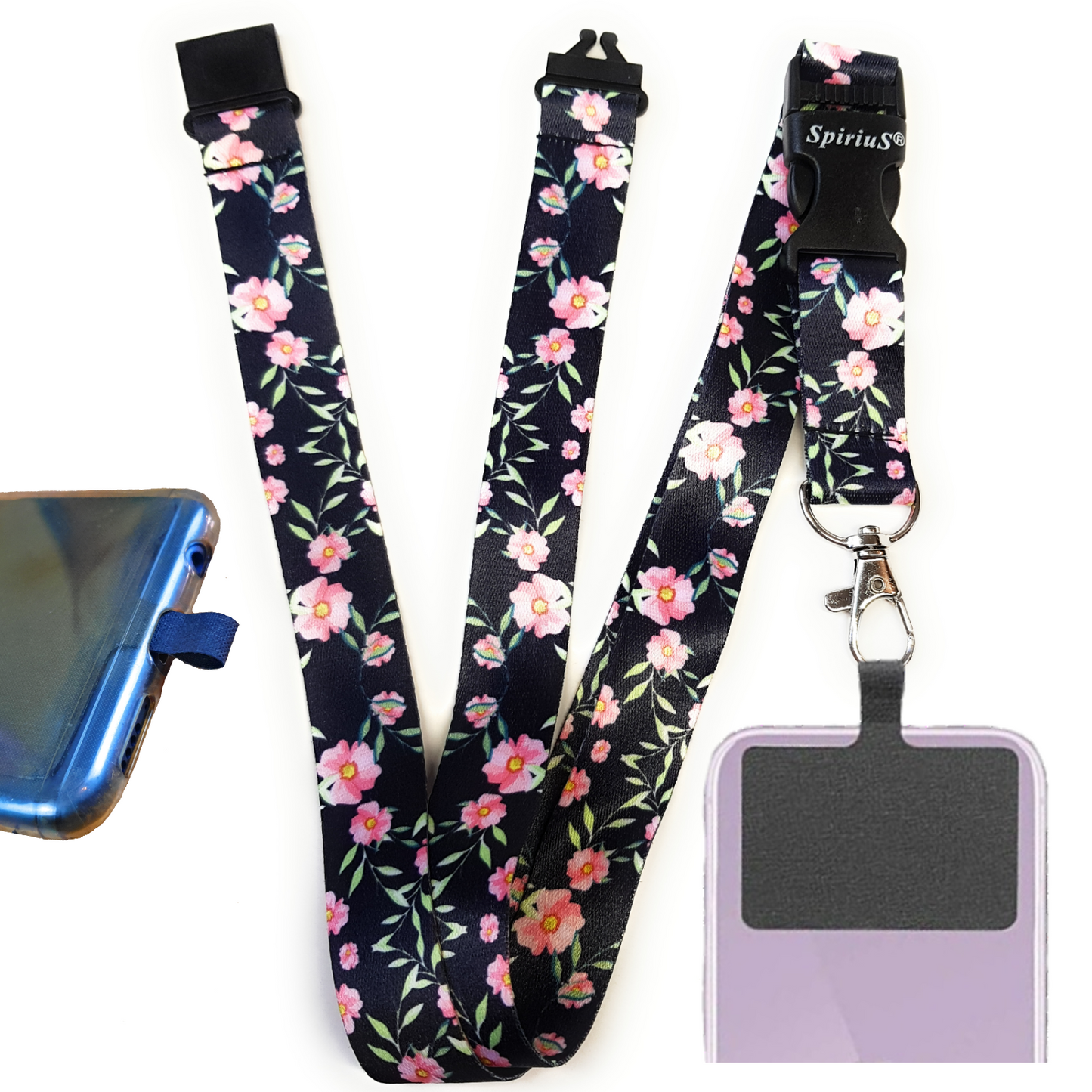 SpiriuS Phone Neck Lanyard Strap with sticky Universal Patch For any mobile phone, card holder Flowers in Black