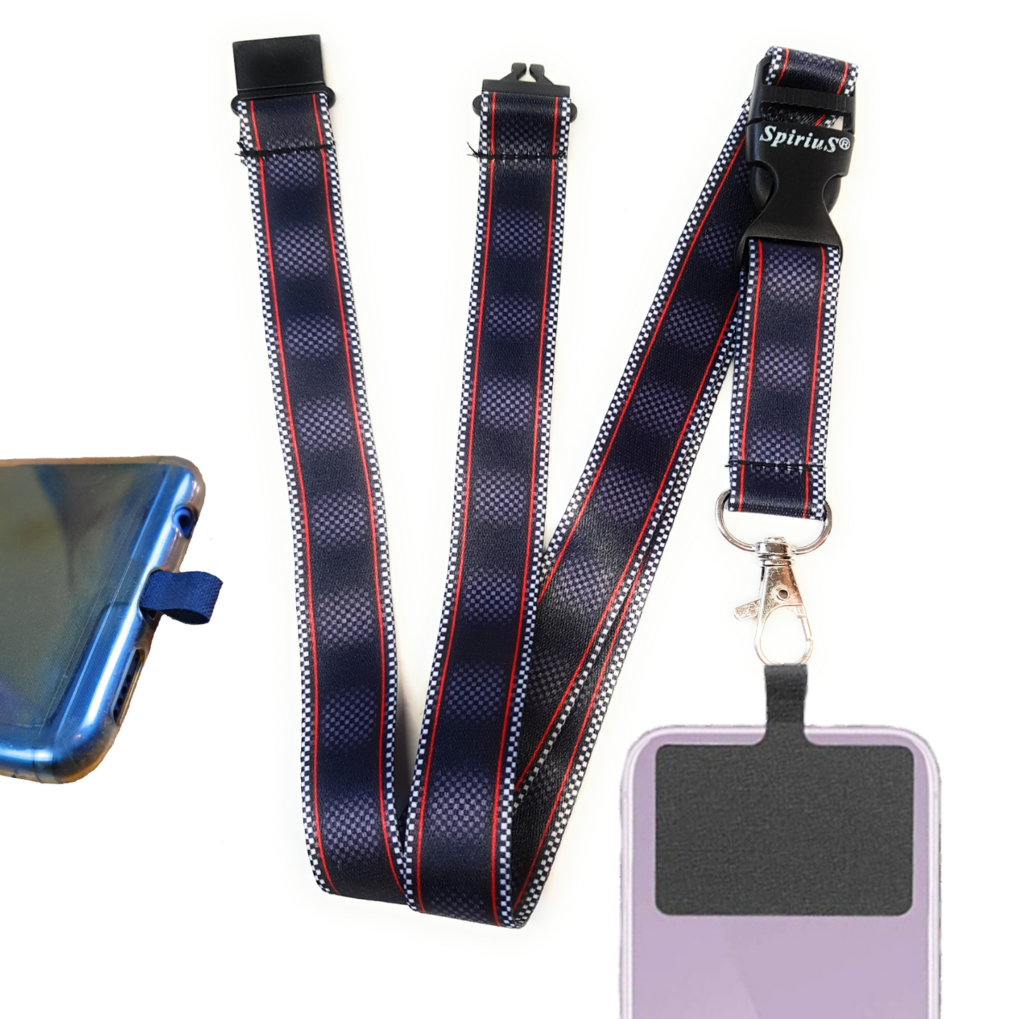 SpiriuS Phone Neck Lanyard Strap with sticky Universal Patch For any mobile phone, card holder black red lines