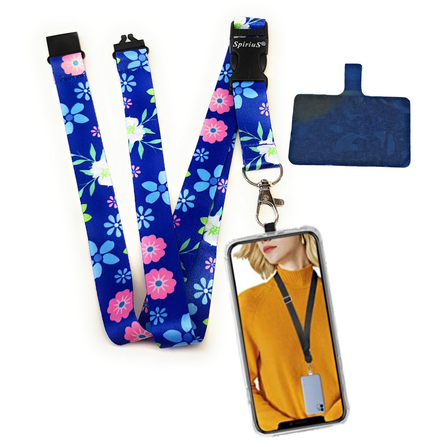 SpiriuS Phone Neck Lanyard Strap with sticky Universal Patch For any mobile phone, card holder dark blue flowers