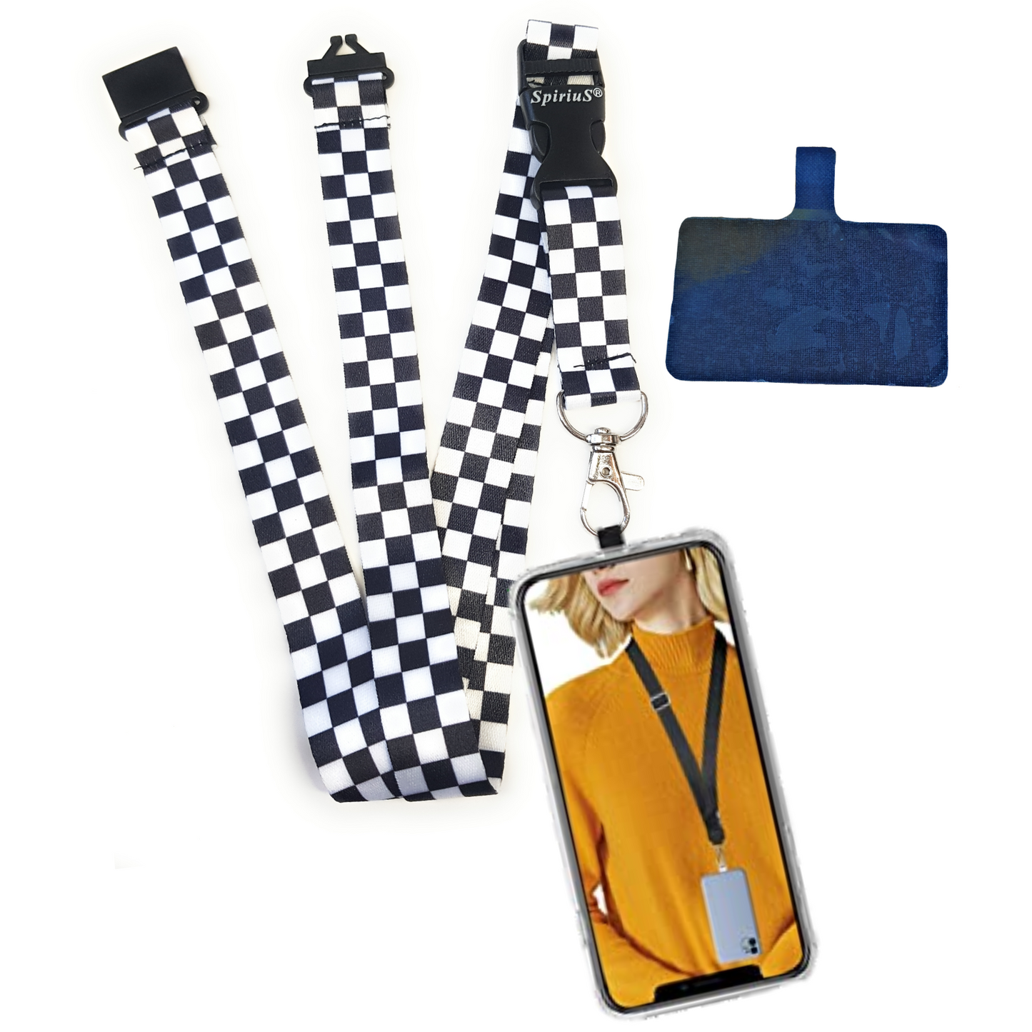 SpiriuS Phone Neck Lanyard Strap with sticky Universal Patch For any mobile phone, card holder Checker plaid