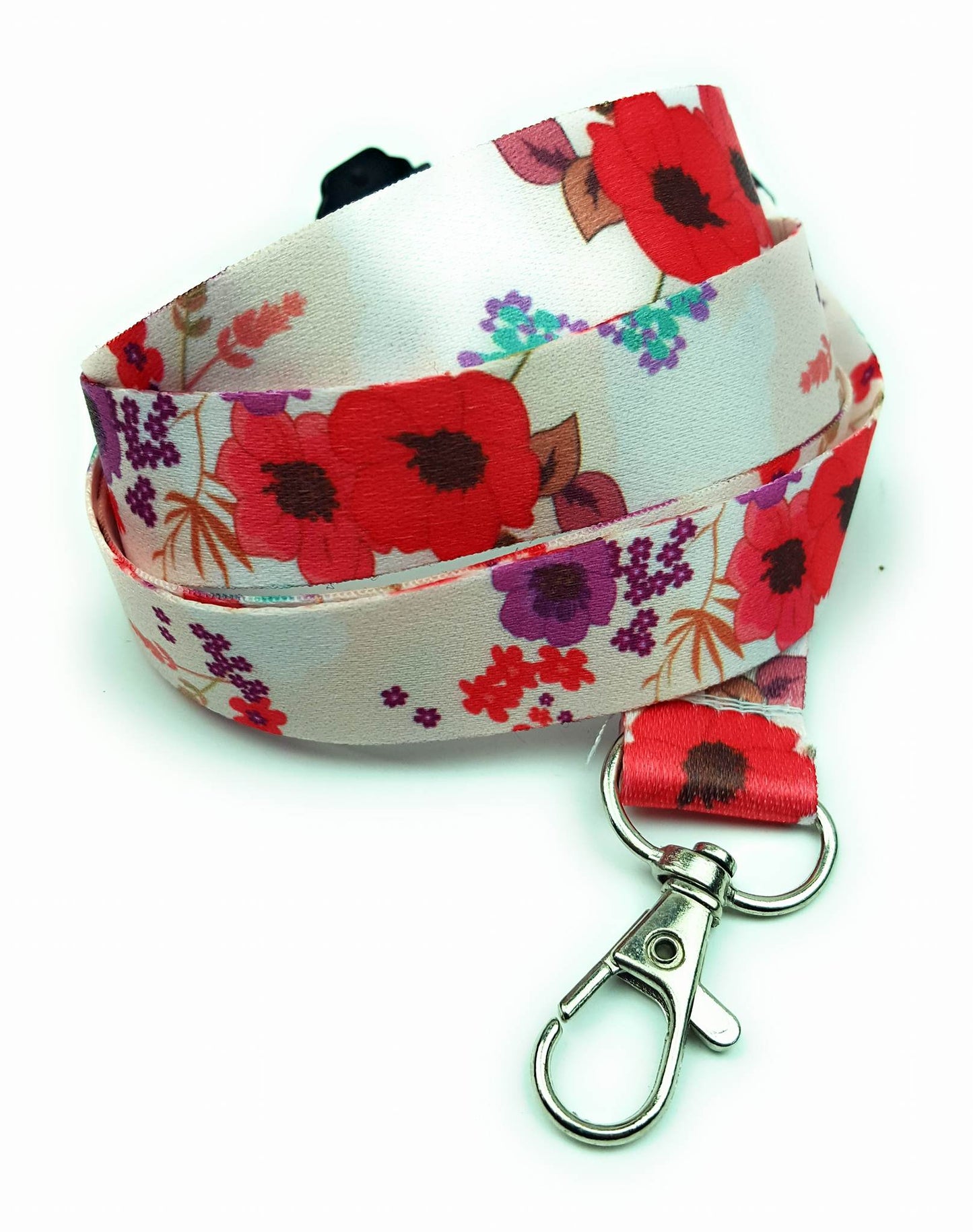 1 x SpiriuS POPPIES IN WHITE breakaway Lanyard neck strap for id badge holder