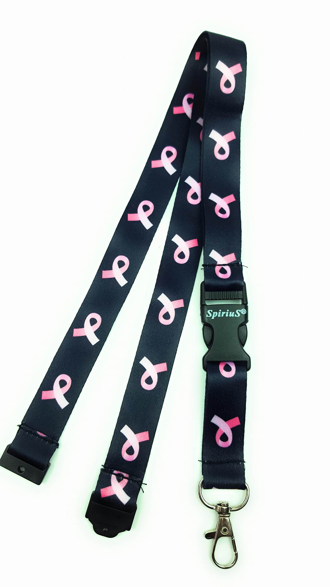 SpiriuS pink ribbon black breakaway Lanyard neck strap + unique id badge holder
