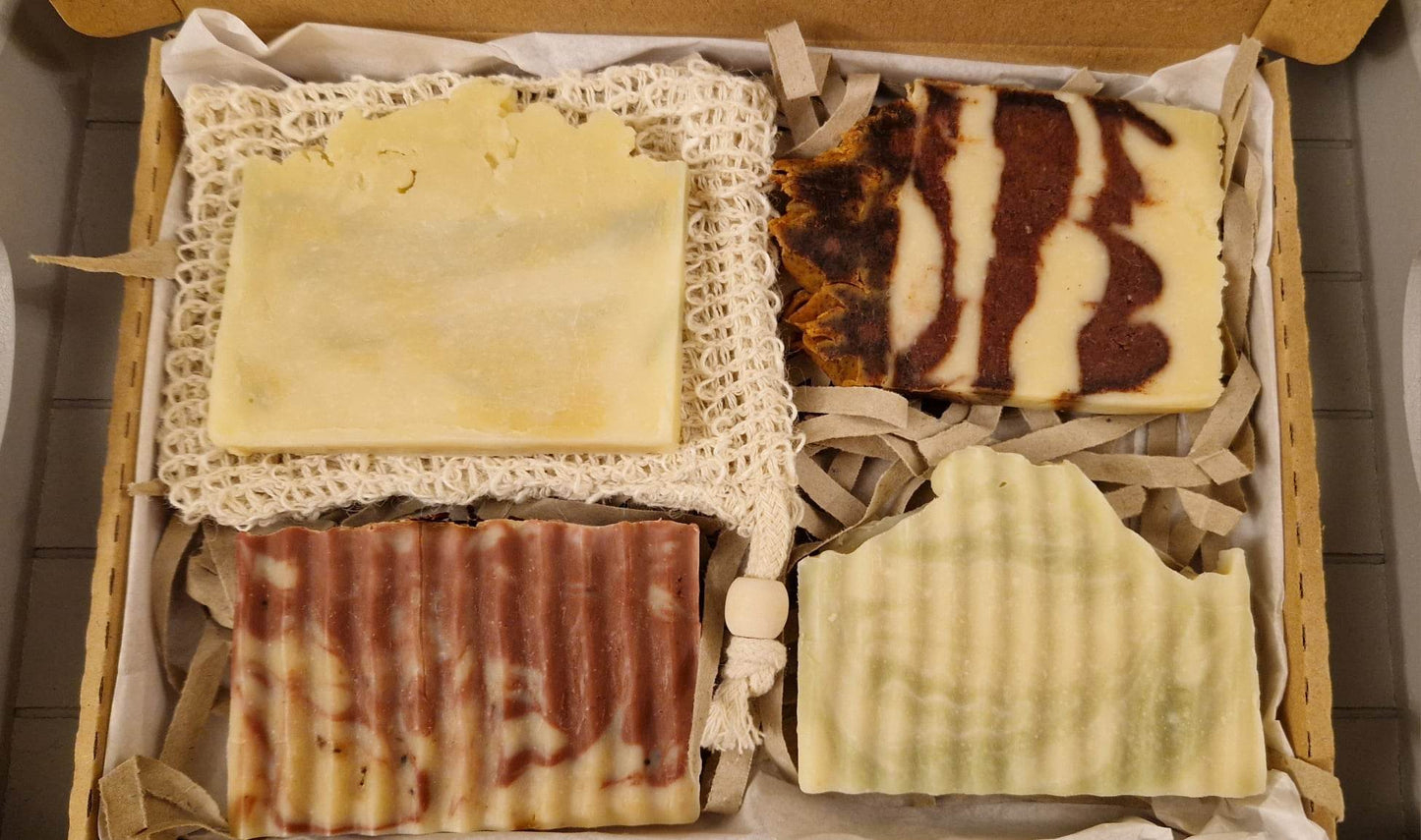 Handmade Natural Artisan 4 small Fruit Soaps gift set with Soap saver Bag eco friendly gift for Christmas Birthday