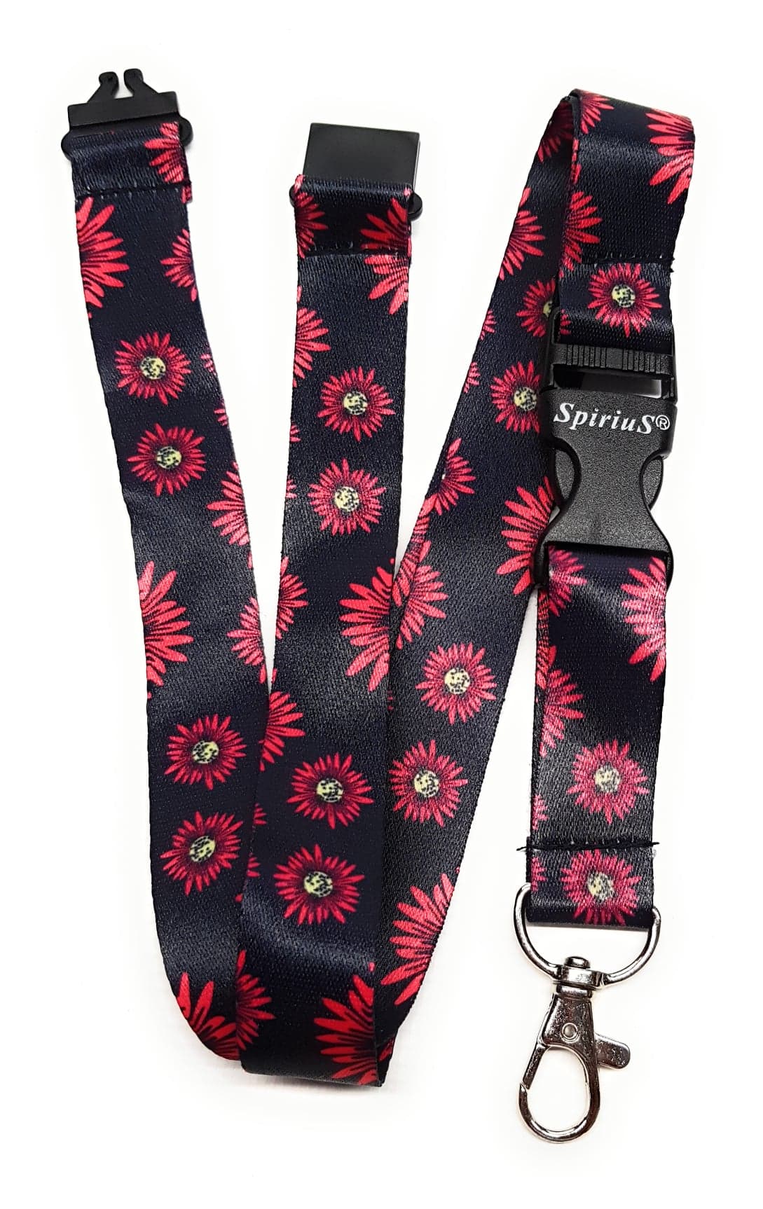 1 x SpiriuS Red flowers in black breakaway Lanyard neck strap for id badge holder