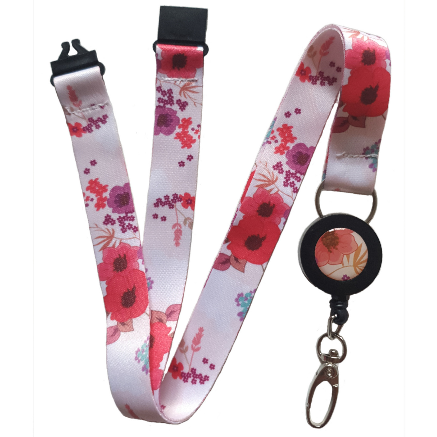 1x SpiriuS breakaway Lanyard with Poppies in White Retractable Reel ID Badge Holder with metal clip Keyring