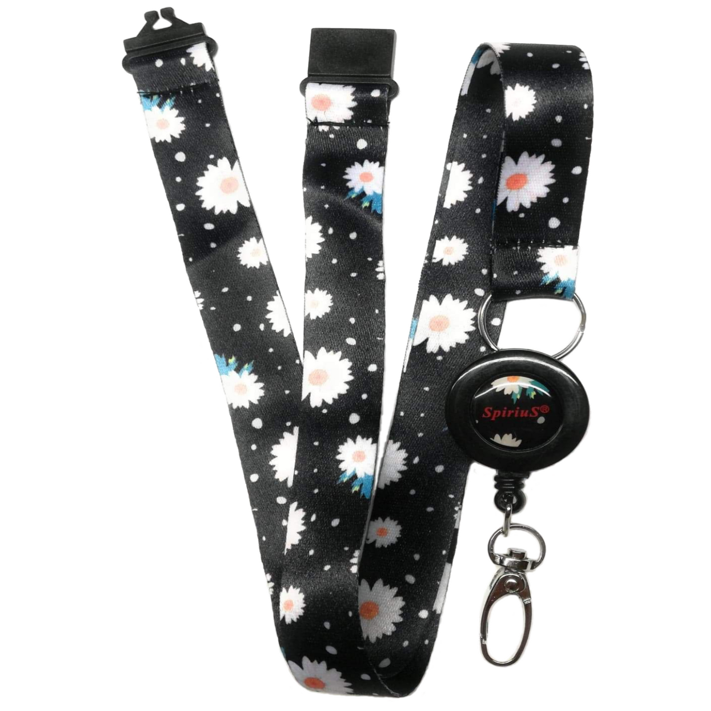 1x SpiriuS Lanyard with Daisies in Black Retractable Reel ID Badge Holder with metal clip Keyring