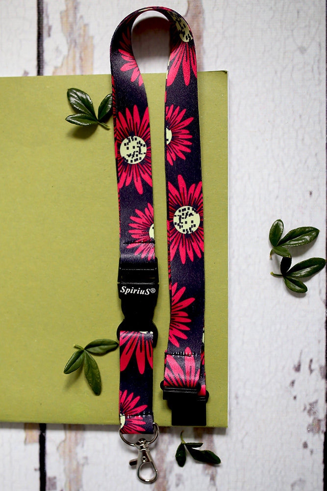 1 x SpiriuS Big Red Floral breakaway Lanyard neck strap + faux leather badges holder