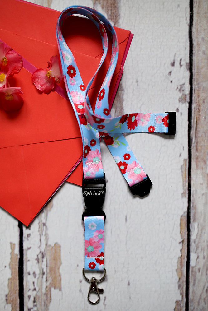 1 x SpiriuS Flowers in Blue breakaway Lanyard neck strap + faux leather badges holder