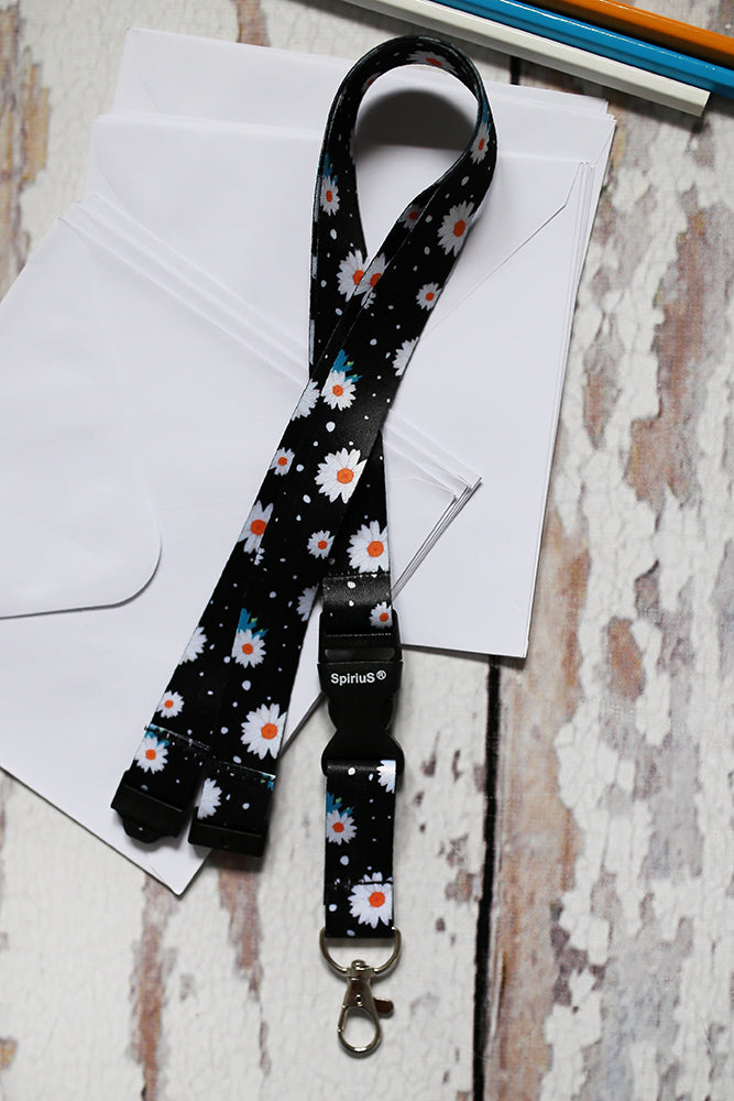 1 x SpiriuS Daisies in Black breakaway Lanyard neck strap + faux leather badges holder