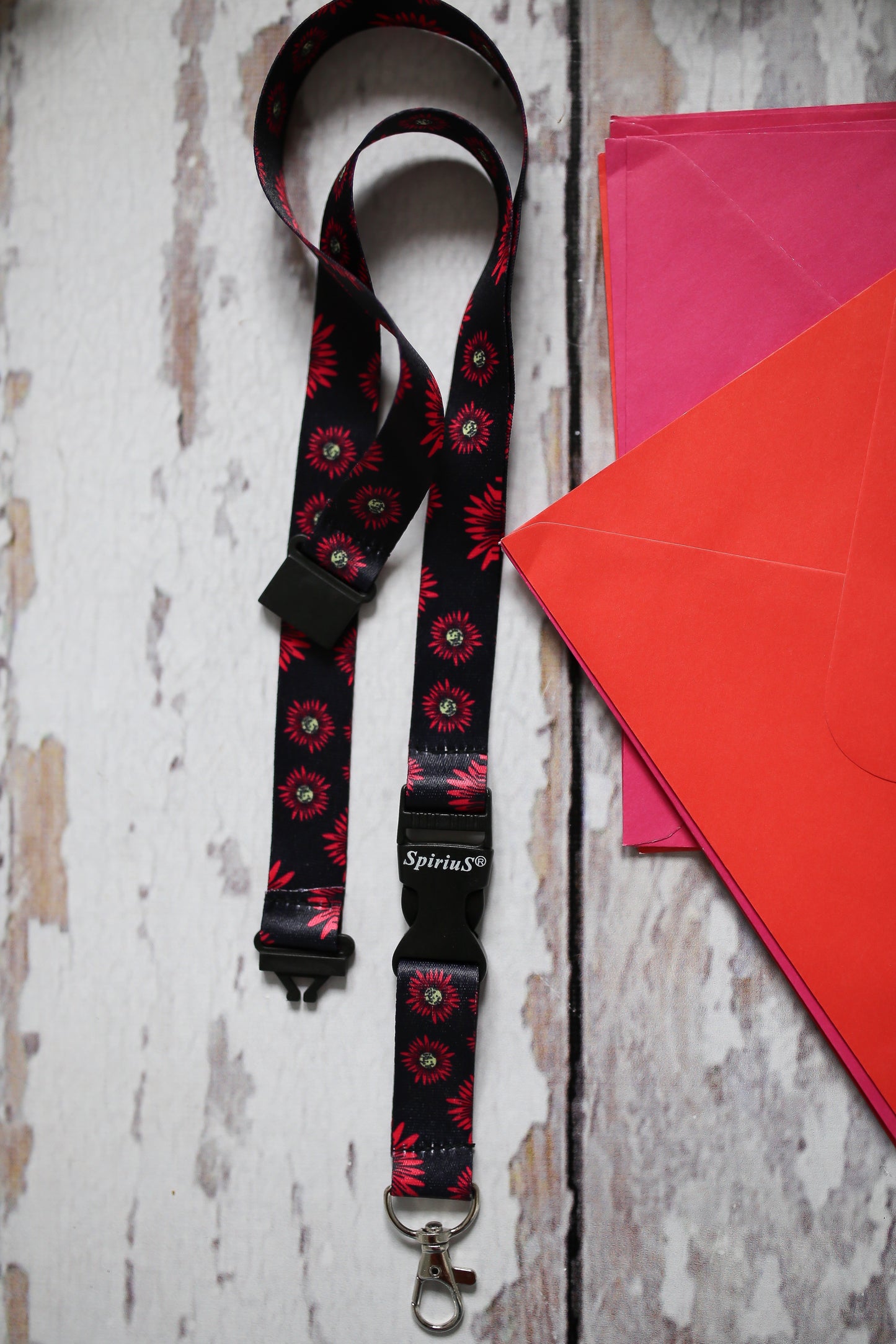 1 x SpiriuS Small Red Flowers breakaway Lanyard neck strap + Clear plasic badge