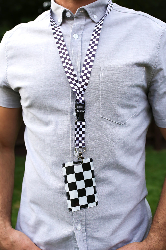 1 x SpiriuS WHITE BLACK CHECKER PLAID breakaway Lanyard neck strap + unique id badge holder