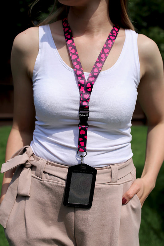 1 x SpiriuS Pink Hearts breakaway Lanyard neck strap + faux leather badges holder
