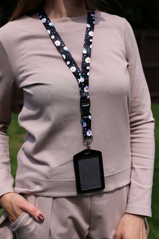 1 x SpiriuS Daisies in Black breakaway Lanyard neck strap + faux leather badges holder