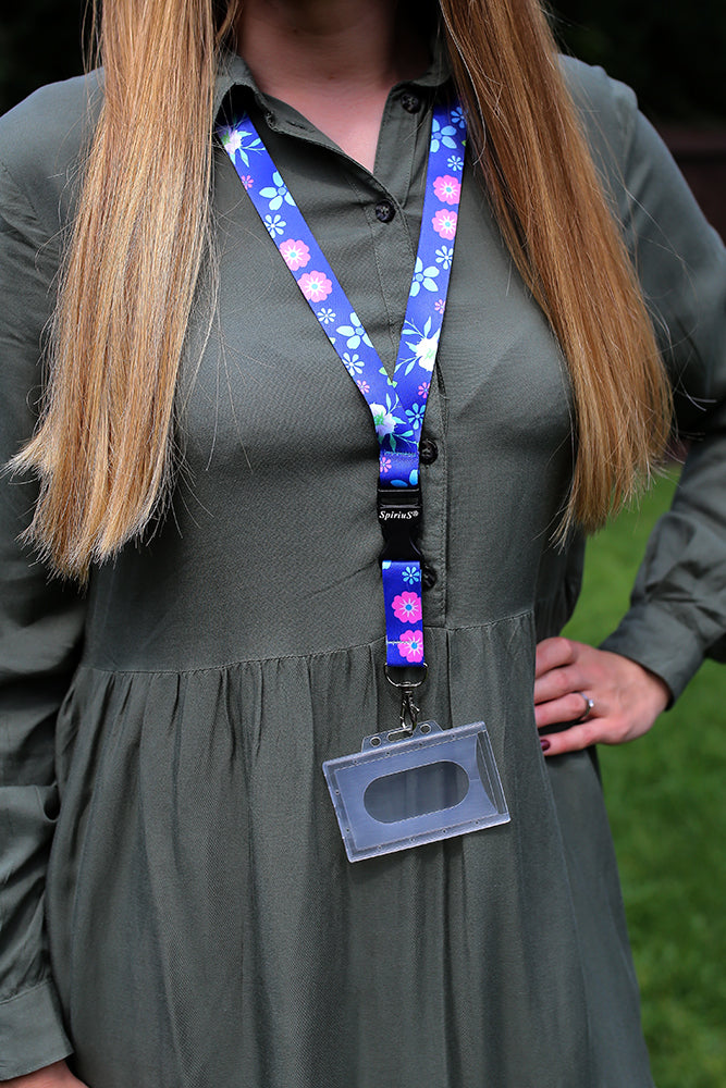 1 x SpiriuS Dark Blue Floral breakaway Lanyard neck strap + Clear plasic badge